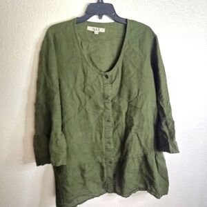 FLAX lagenlook linen button down tunic top ruffle sleeve hem sz L